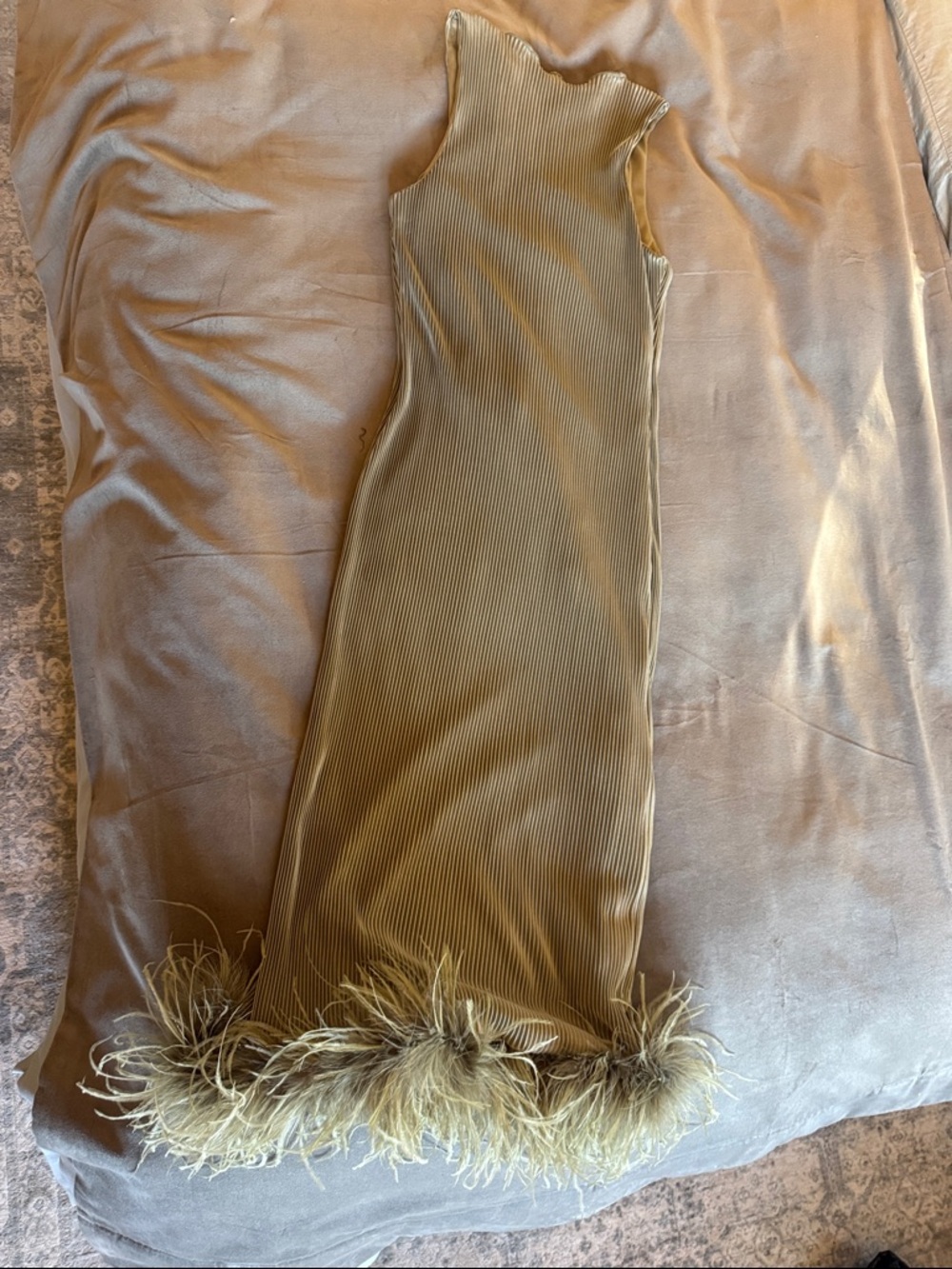 Olive Green Midi Dress with Feather Hem